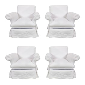A set of four white canvas scrolled arm swivel rocker chairs
