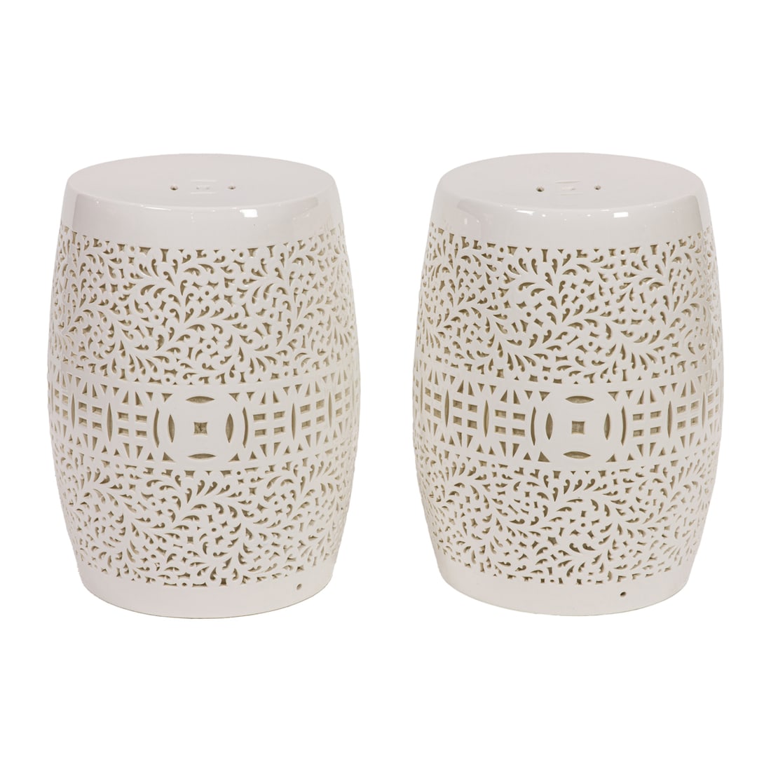 A pair of Asian reticulated porcelain illuminated garden seats: A pair of Asian reticulated porcelain illuminated garden seats, 19"h. Provenance: The Carole Harris Collection, River Ranch. The interiors guided by Parish-Hadley (Sister Parish) reflect the distingui