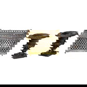 A group of cast iron garden vessels: A group of cast iron garden vessels, comprising a pierced basket form planter, 11"h x 15.5"w x 10"d, purchased Stair Galleries, The Garden Sale, Apr 8, 2021, Lot 19 and a pair of campana from urns, 9.