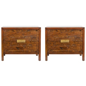 A pair of rustic hewn wood chests with inlaid tops and drawer fronts