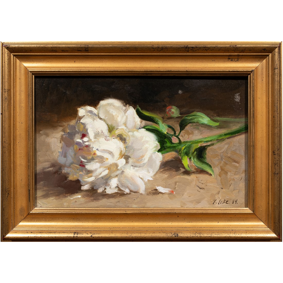 Painting, Randall Lake: Randall Lake (American, b. 1945), Untitled (White Petals), 1984, oil on canvas, signed and dated lower right, artist studio stamp verso, canvas: 8.5"h x 13"w, overall (with frame): 12.5"h x 17"w. Prov