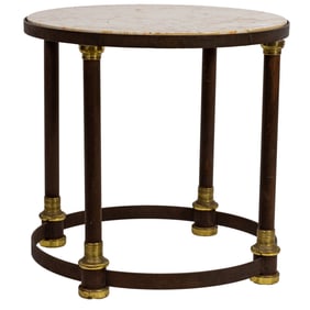 A French Empire style brass mounted side table with marble top