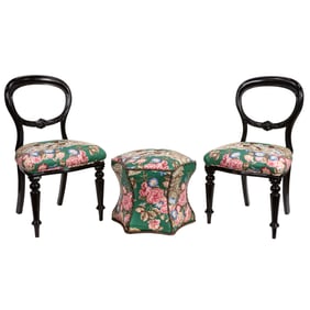 A pair of Victorian ebonized balloon back side chairs and a tabouret