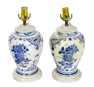 An assembled pair of Delft blue and white urns now mounted as table lamps