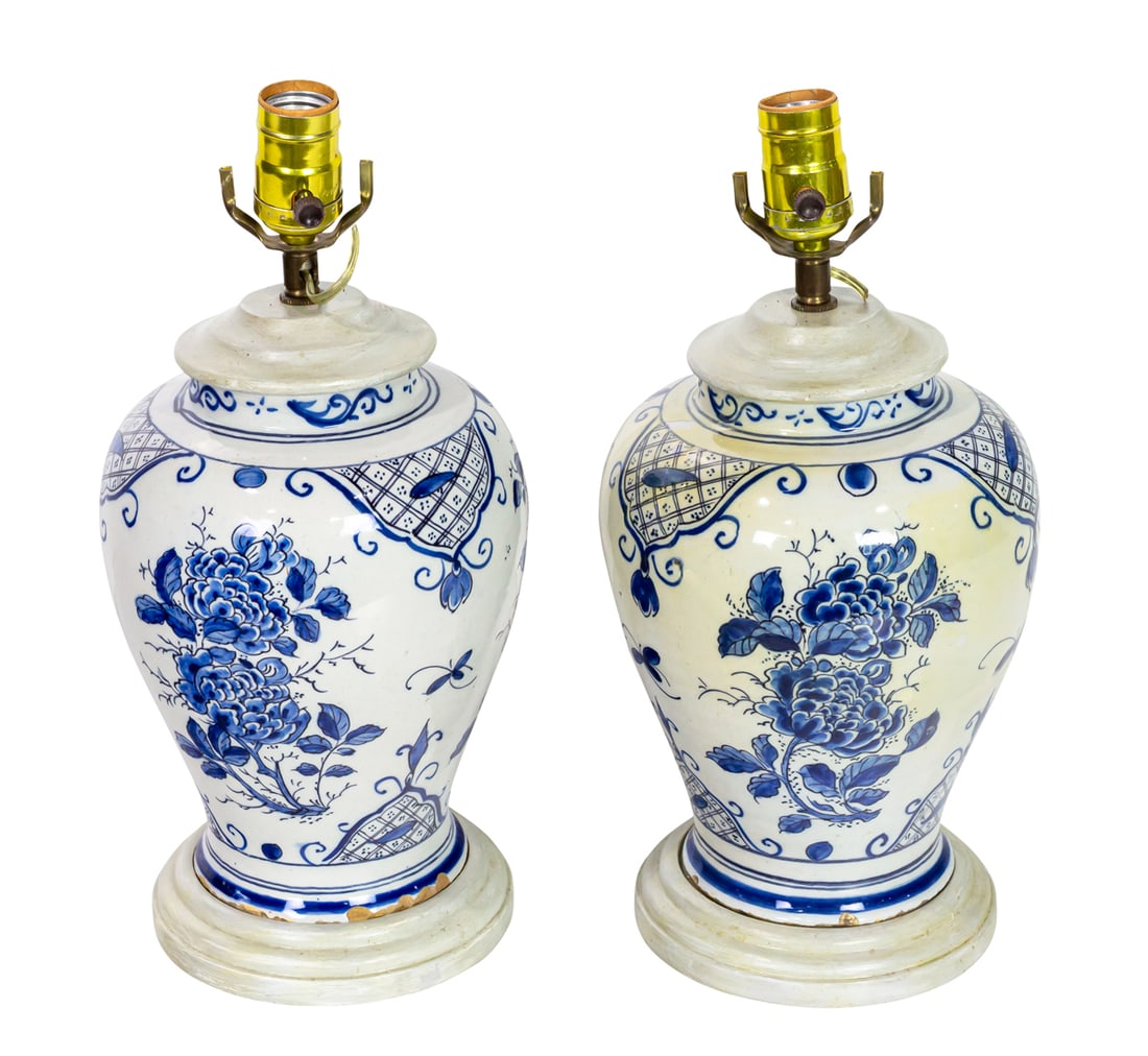 An assembled pair of Delft blue and white urns now mounted as table lamps (1 of 5)