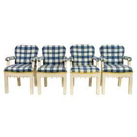 A set of four cream painted and blue printed gingham upholstered armchairs