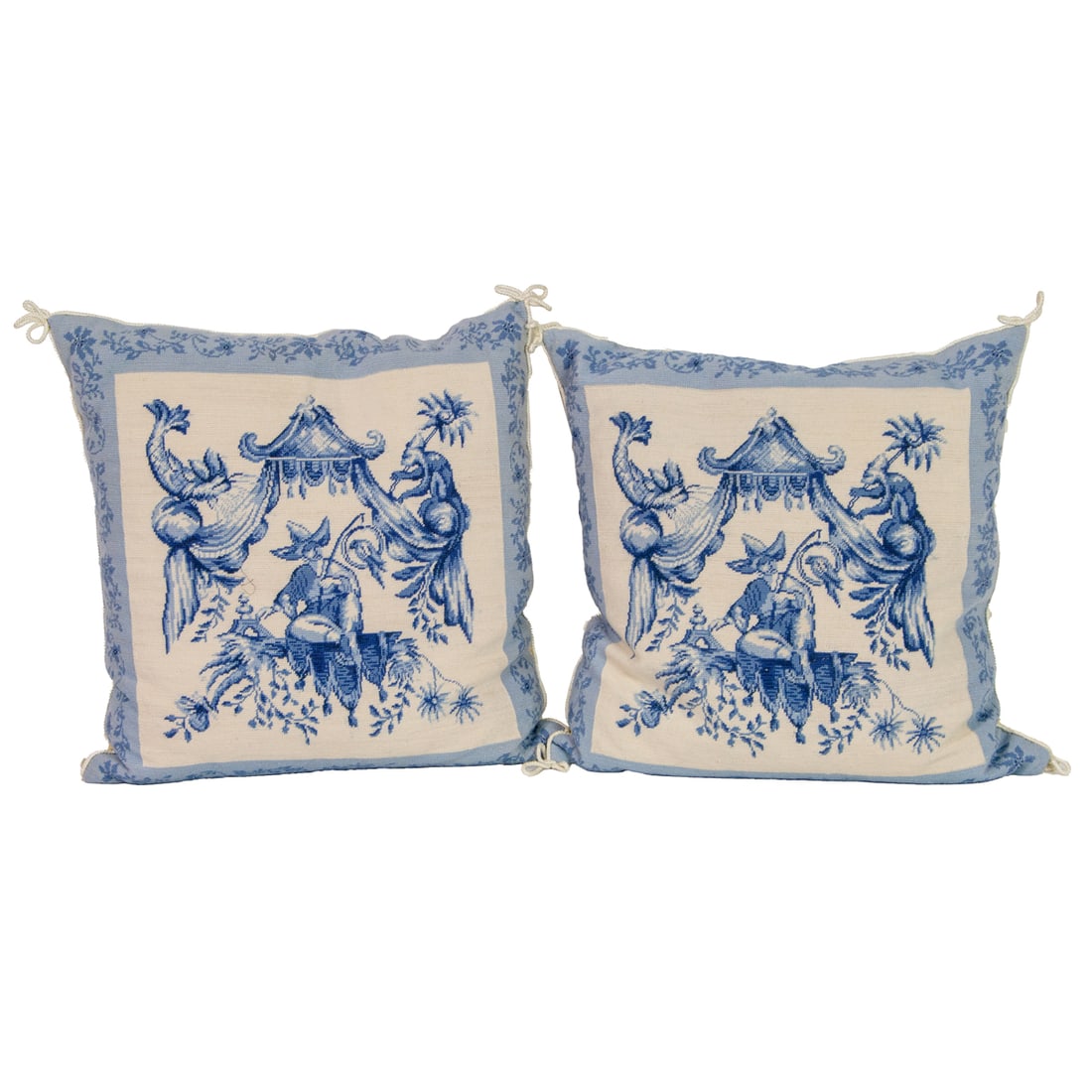 Two blue and white needlepoint pillows in a Chinoiserie design with three matching toile pillow sham (1 of 5)