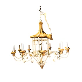 An Italian painted and parcel giltwood and metal pagoda twelve-light chandelier