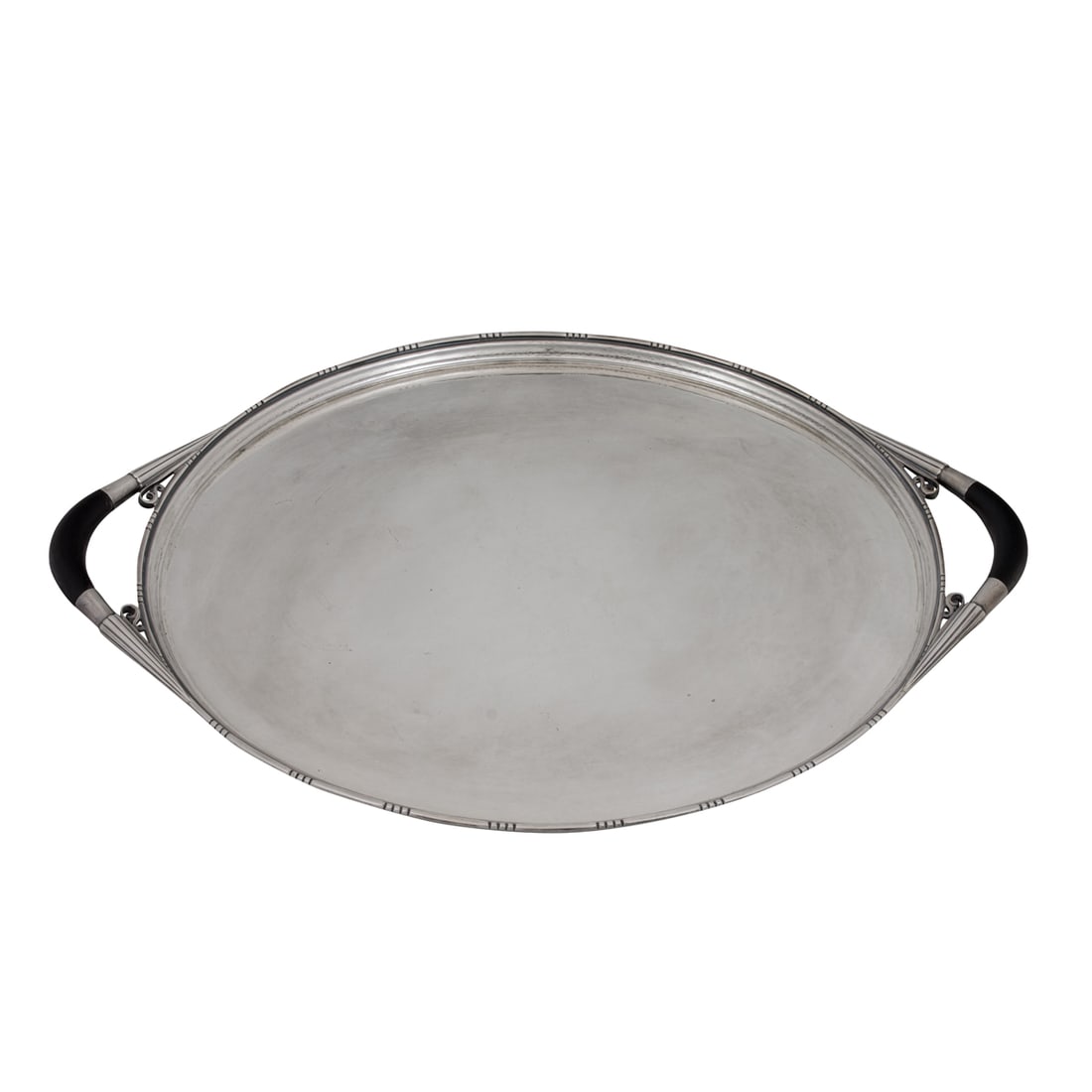 A Georg Jensen sterling tray with ebony handles: A Georg Jensen sterling tray with ebony handles, #251C, designed by Johan Rohde, mark used circa 1930's, the long oval body with molded edges and arch-shaped wood handles, GHR monogram to the verso, 2