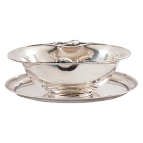 A Georg Jensen sterling oval serving bowl #2 in the Blossom pattern and associated under tray #223A