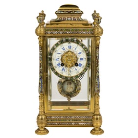 A French paste jewel and champleve enamel gilt bronze four glass mantel clock retailed by S&G Gump