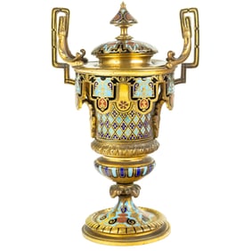 A French champleve enamel gilt bronze urn in the manner of Alphonse Giroux