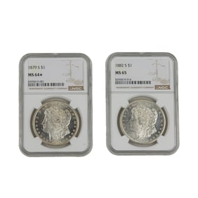 Two U.S. Morgan silver dollars