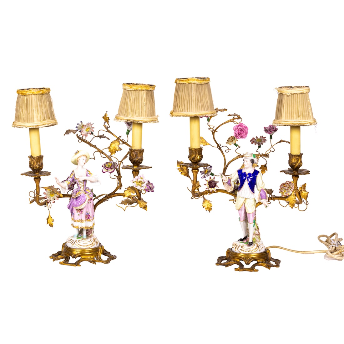 A Continental floral encrusted gilt metal and porcelain figural assembled clock garniture (1 of 7)