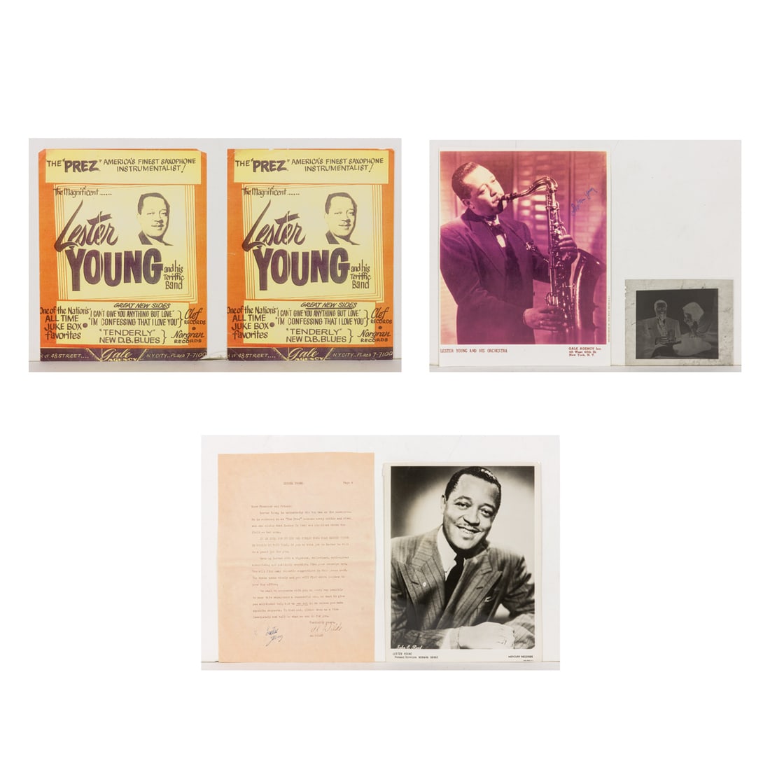 A six piece collection of jazz artist Lester Young memorabilia, comprising press photos, a Lester (1 of 9)