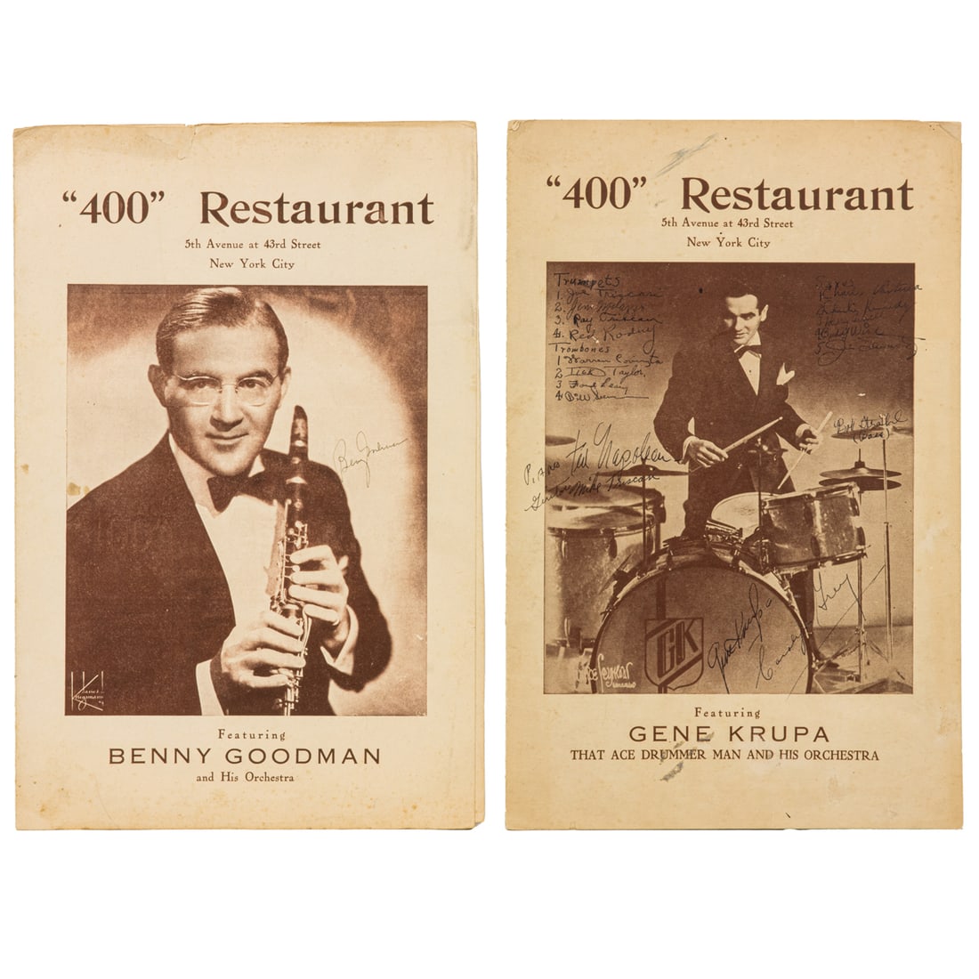 Two '400 Restaurant', NYC menus, featuring performers Benny Goodman and Gene Krupa, both signed (1 of 5)