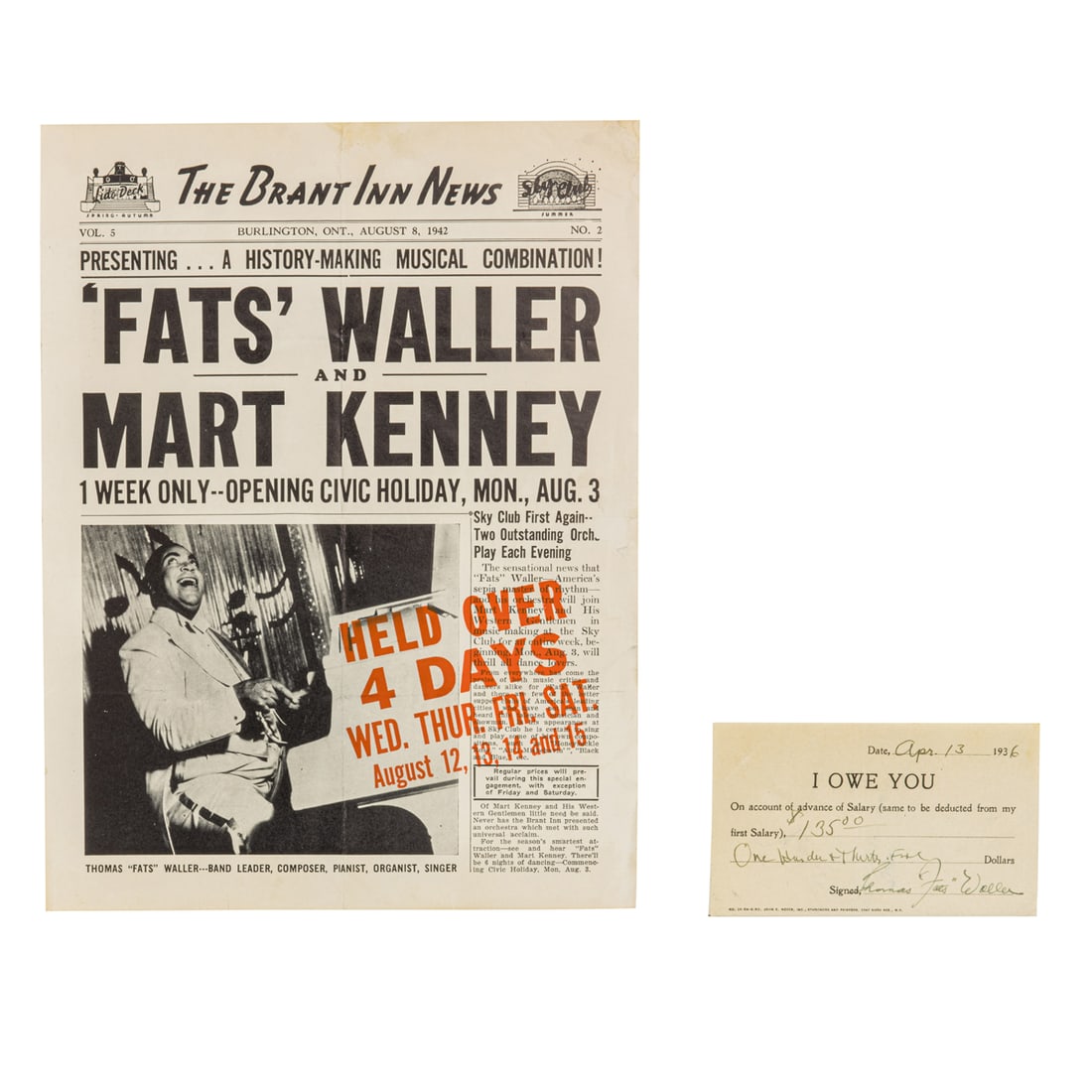 A Fats Waller Flyer for his August 1942 Brant Inn, Ontario performances, accompanied by a Fats (1 of 3)