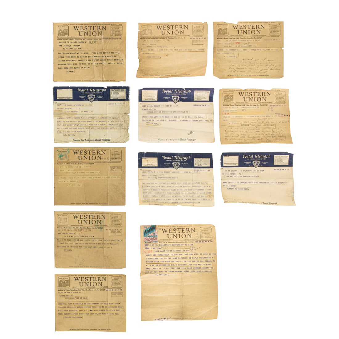A collection of twelve Western Union/Postal Telegraphs related to jazz artist Bennie Moten (1 of 7)