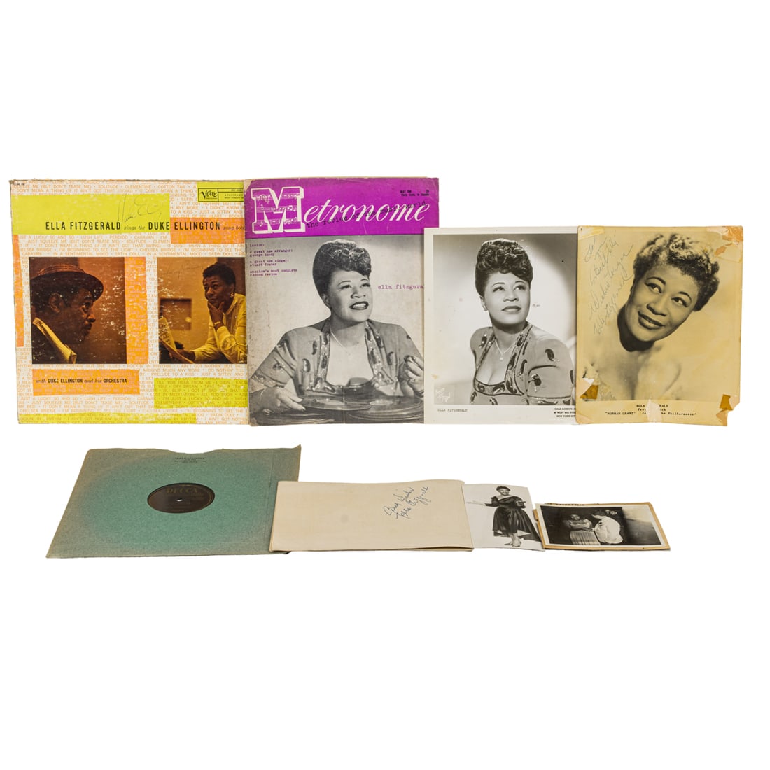 A collection of eight Ella Fitzgerald jazz era ephemera comprising signed press photos, albums and (1 of 7)