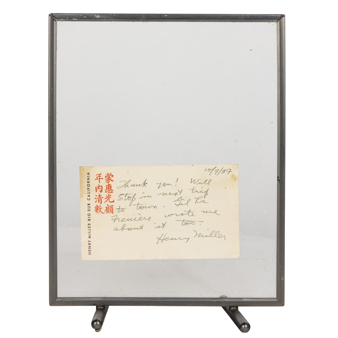 A Henry Miller signed postcard to Campiglios Art Gallery in Monterey, CA: A Henry Miller signed postcard to Campiglios Art Gallery in Monterey, CA. On personalized Big Sur stationary, 'Thank you! Will stop in next trip to town....", Provenance: Property from an important Ba