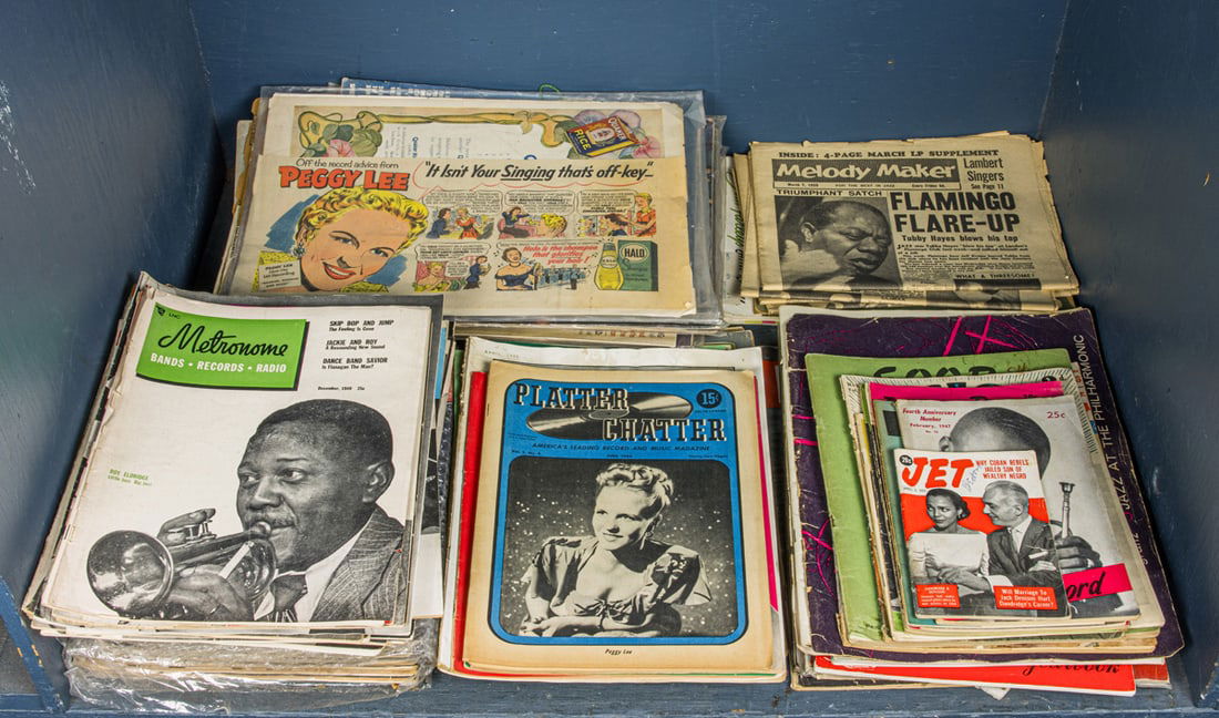A collection of jazz ephemera comprising Metronome magazine; Jazz Americana, Platter Chatter, Jazz: A collection of jazz ephemera comprising Metronome magazine; Jazz Americana, Platter Chatter, Jazz Journal, Pick-up, Good Diggin, Birdland Stars, Esquires Jazz Book, with pages from a scrap book and o
