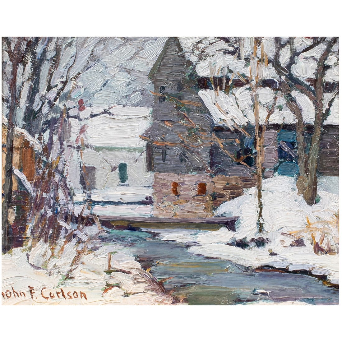 Painting, John F. Carlson: John Fabian Carlson (American/Swedish, 1875-1945), Untitled (Winter Snow Scene), oil on canvas board, signed lower left, board: 8"h x 10"w, overall (with frame): 16"h x 18"w