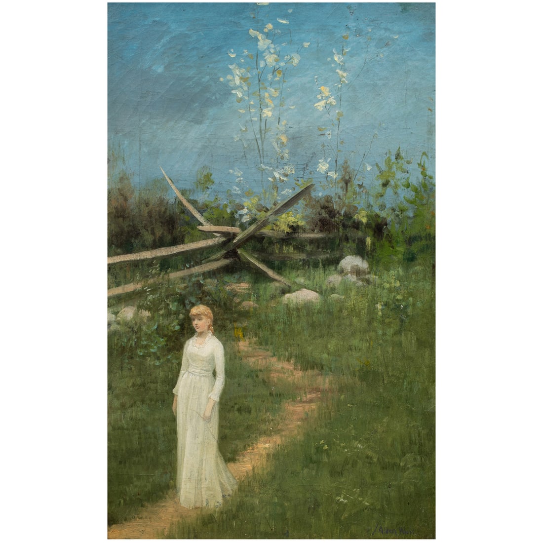 Painting, Julian Alden Weir: Julian Alden Weir (American, 1852-1919), Untitled (Springtime in Connecticut), oil on canvas, signed lower right, canvas: 22"h x 14"w, overall (with frame): 26.5"h x 18.5"w