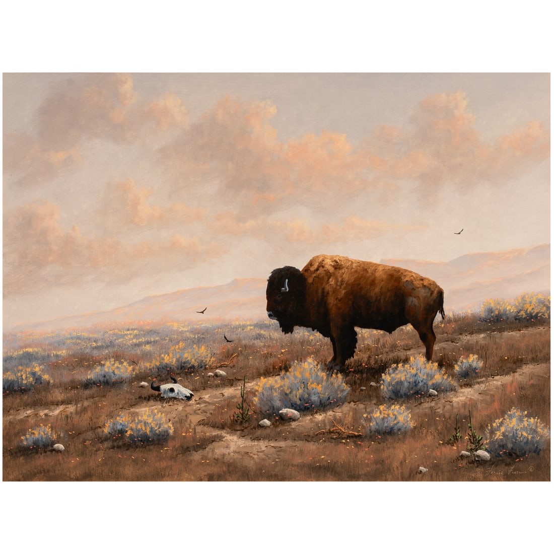 Painting, Heinie Hartwig: Heinie Hartwig (American, b. 1937), "Buffalo," oil on board, signed lower right, board: 17.5"h x 24"w, overall (with frame): 29"h x 22.5"w