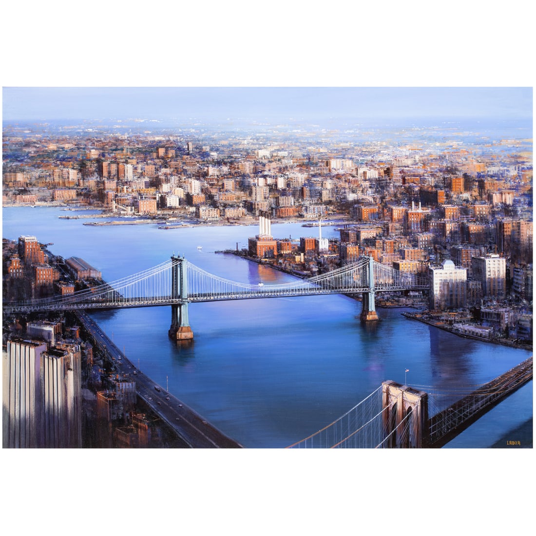 Painting, Luigi Rocca: Luigi Rocca (Italian, b. 1952), "New York From the Air," 2005, acrylic on canvas, signed lower right, signed, titled, and dated verso, canvas: 36"h x 51"w, overall (with frame): 42"h x 58"w