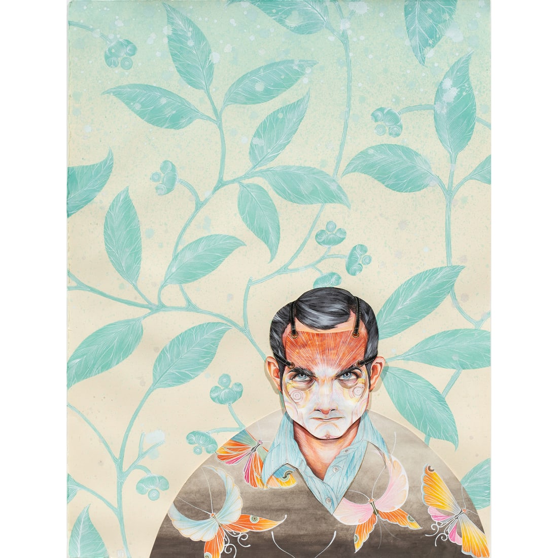 Work on paper, Storm Tharp: Storm Tharp (American, b. 1970), Untitled, 2001, ink and gouache collage, monogrammed lower left, gallery label (PDX, Portland, OR) affixed verso, sheet: 29.25"h x 22"w, overall (with frame): 34.75"h