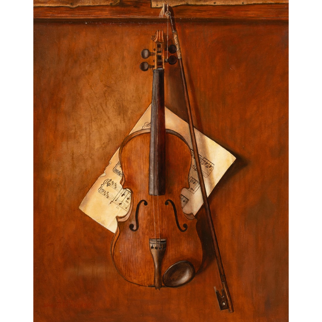 Painting, Edward Paul Smalarz: Edward Paul Smalarz (American, 20th/21st century), Still Life with Violin, 2017, oil on canvas, signed and dated verso, gallery label (Edward's Fine Art and Antiques, CA) affixed verso, canvas: 30"h x