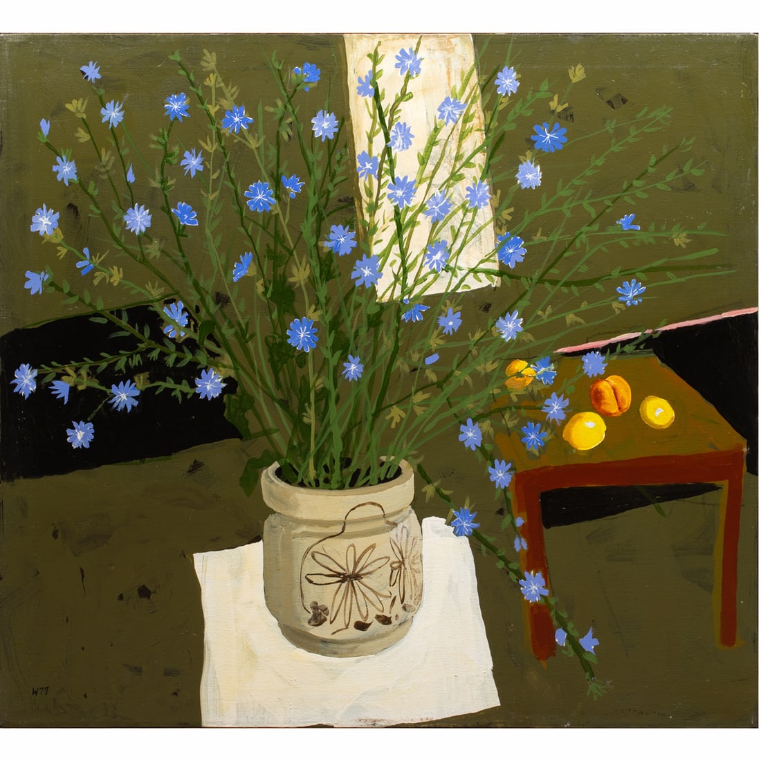 Painting, Bryan Wilson: Bryan Wilson (American, 1927-2002), "Dark Still Life with Chickory," 1977, oil on canvas, initialed and dated lower left, signed, titled, and dated verso, canvas: 44"h x 48"w, overall (with frame): 44