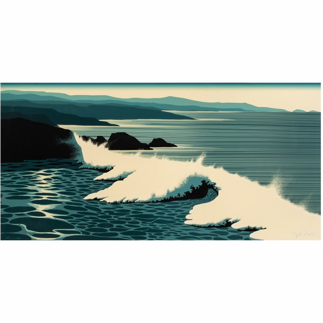 Print, Eyvind Earle: Eyvind Earle (American, 1916-2000), "The Wave," 1990, serigraph, signed lower right, edition 164/165, sight: 20"h x 39.5"w, overall (with frame): 29.5"h x 49"w