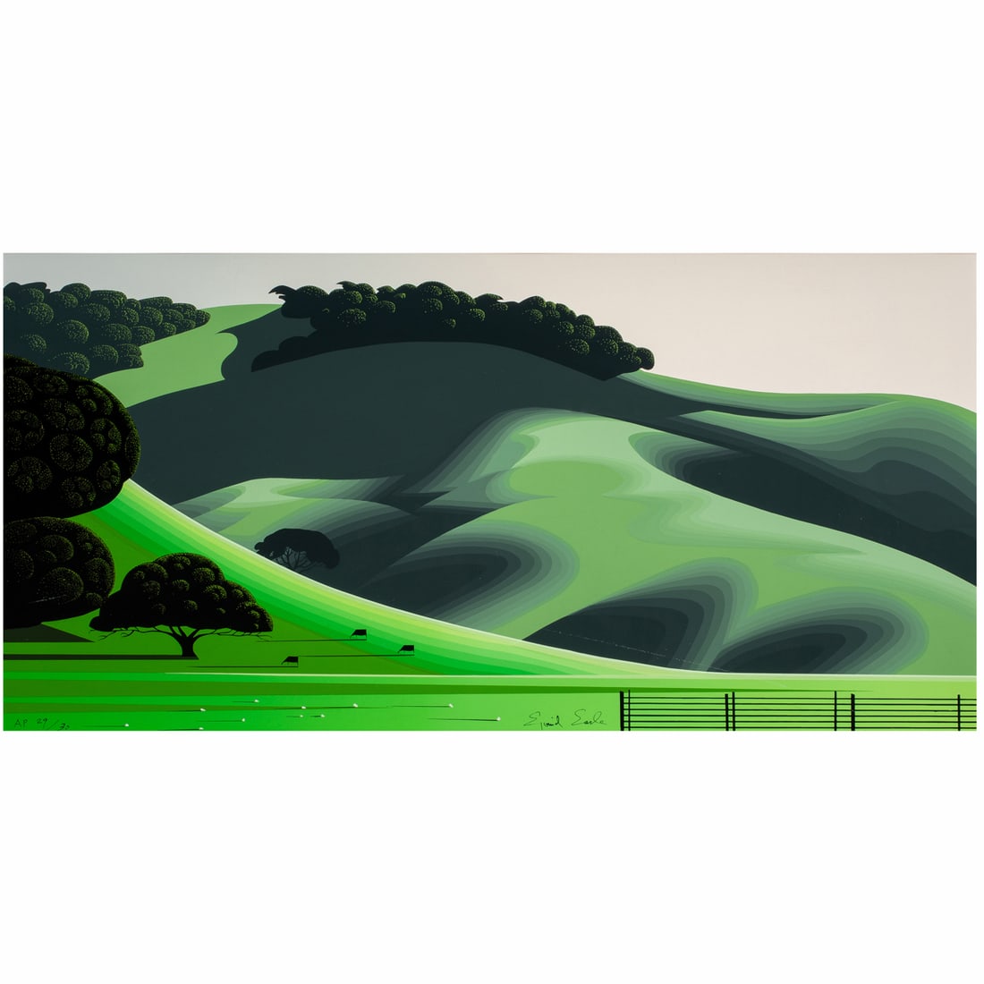 Print, Eyvind Earle: Eyvind Earle (American, 1916-2000), "Soft Green Meadows," serigraph, signed lower center, artist proof 29/30, sight: 15"h x 30"w, overall (with frame): 28"h x 42"w