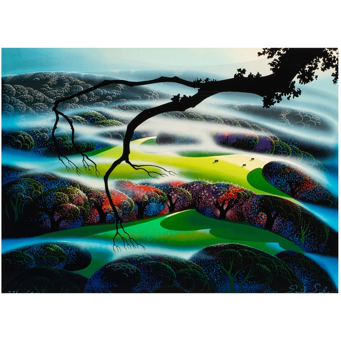 Print, Eyvind Earle: Eyvind Earle (American, 1916-2000), "Fog Enshrouded," serigraph, signed lower right, edition 296/350, printed by Clearwater Publishing, sight: 16.5"h x 22"w, overall (with frame): 29.25"h x 34.25"w