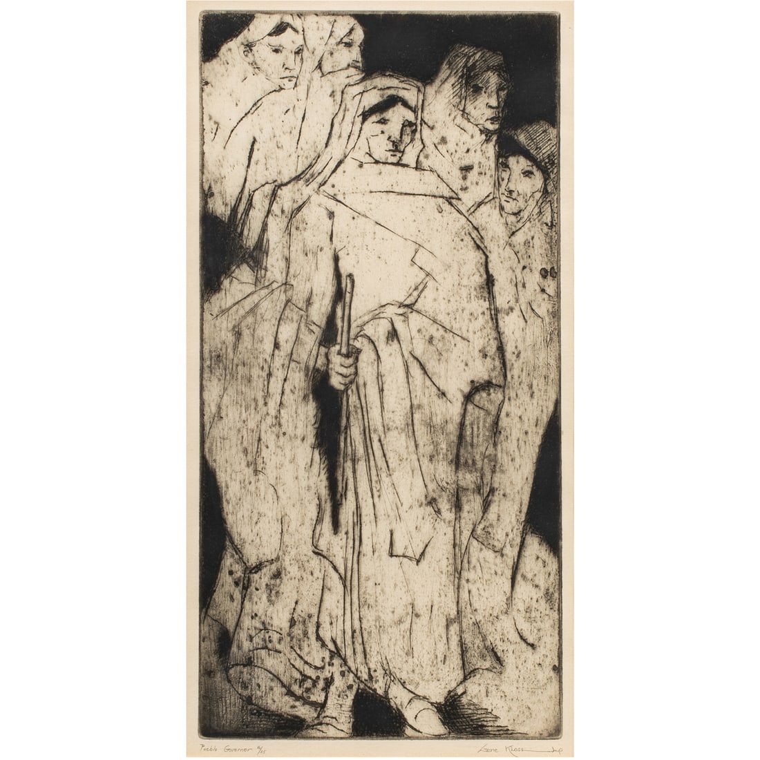 Print, Gene Kloss: Gene Kloss (American, 1903-1996), "Pueblo Governor," 1960, etching, pencil signed lower right, titled lower left, edition 16/35, plate: 15"h x 7.5"w, overall (with frame): 24.5"h x 16"w