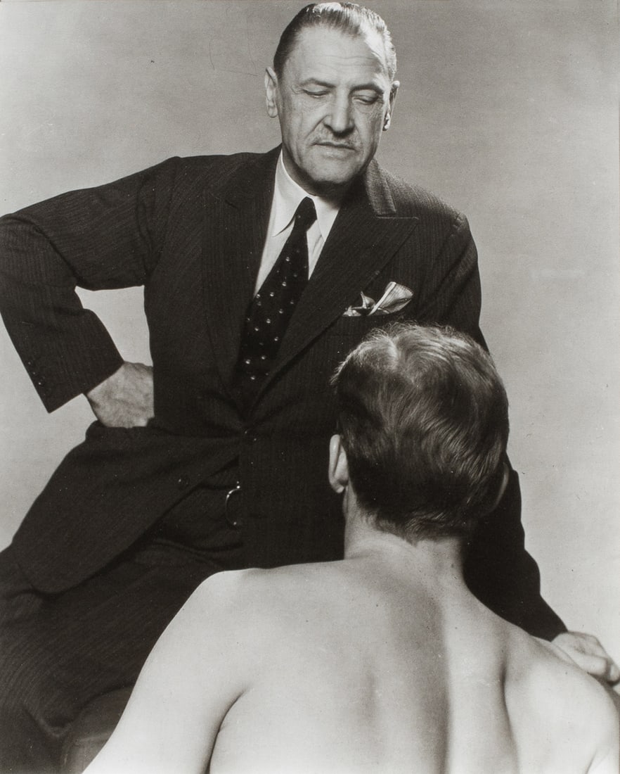 Photograph, George Platt Lynes: George Platt Lynes (American, 1907-1955), William Somerset Maugham with Robert W. Bishop (1941), gelatin silver print, later printing, stamped verso, sight: 9.75"h x 7.5"w, overall (with frame): 21"h