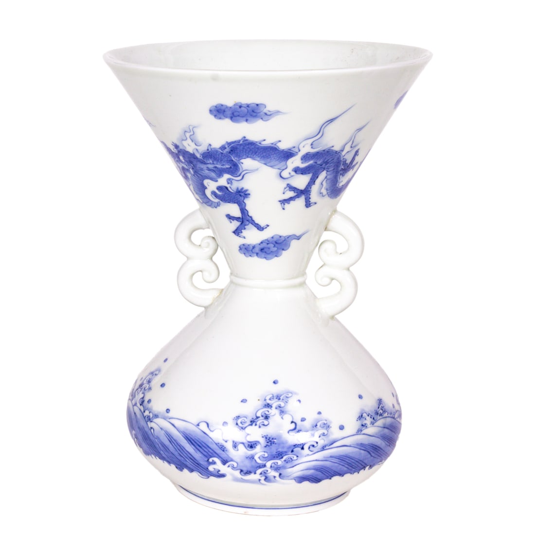 A Hirado blue and white vase: A Hirado blue and white vase. Depicting dragon and waves motif, Meiji period, 9.125" high.