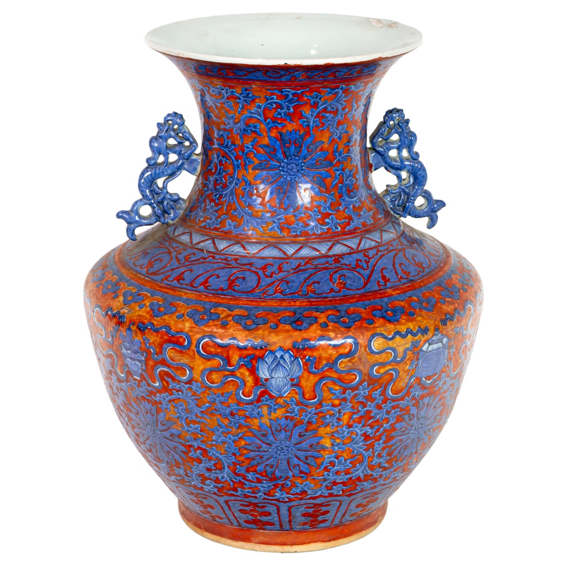 A Chinese blue and white and coral-ground baluster vase (1 of 4)