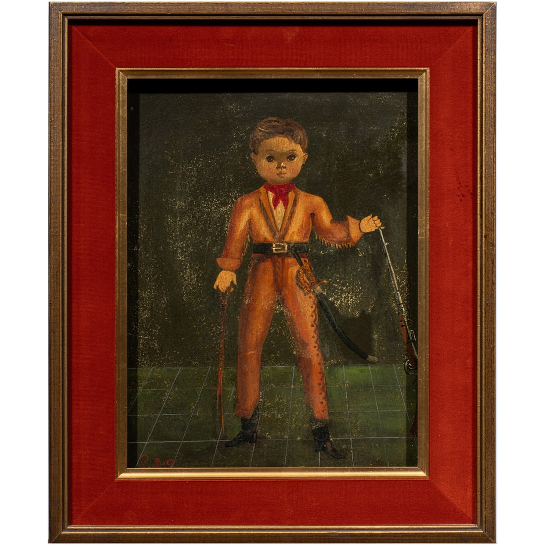 Painting, Agapito Labios: Agapito Labios (Mexican, 1898-1996), Boy with Rifle, oil on canvas, signed lower left, overall (with frame): 21"h x 18"w