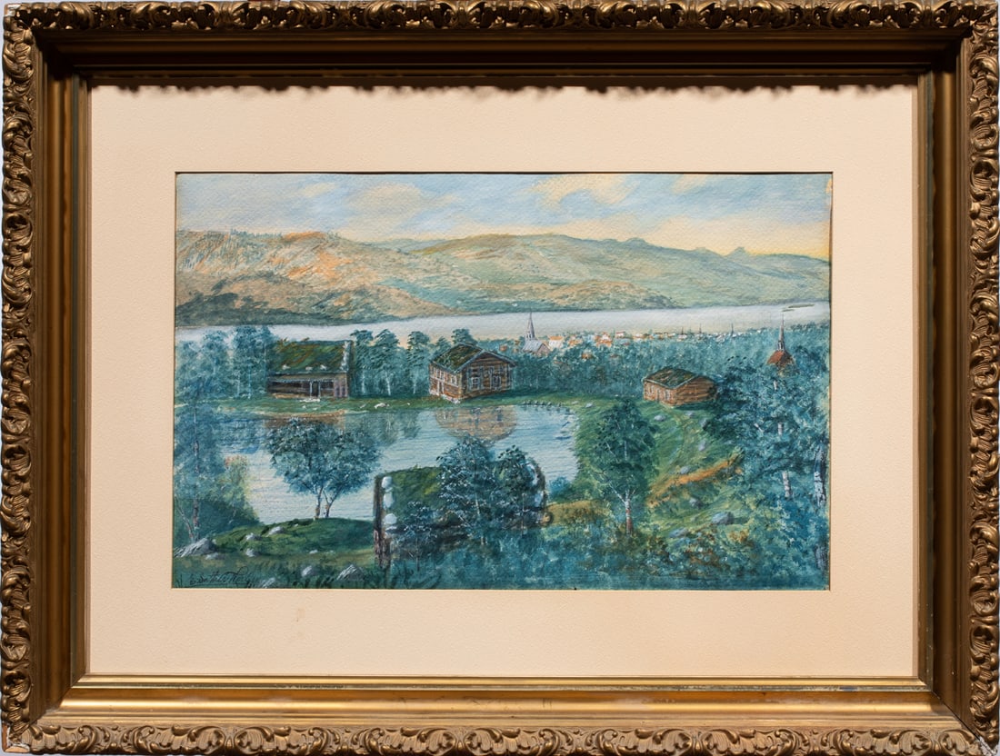 Watercolor, Emma Sather Nelson: Emma Sather Nelson (American, 1889-1969), Village on a Lake, watercolor, signed lower left, overall (with frame): 24"h x 31.5"w