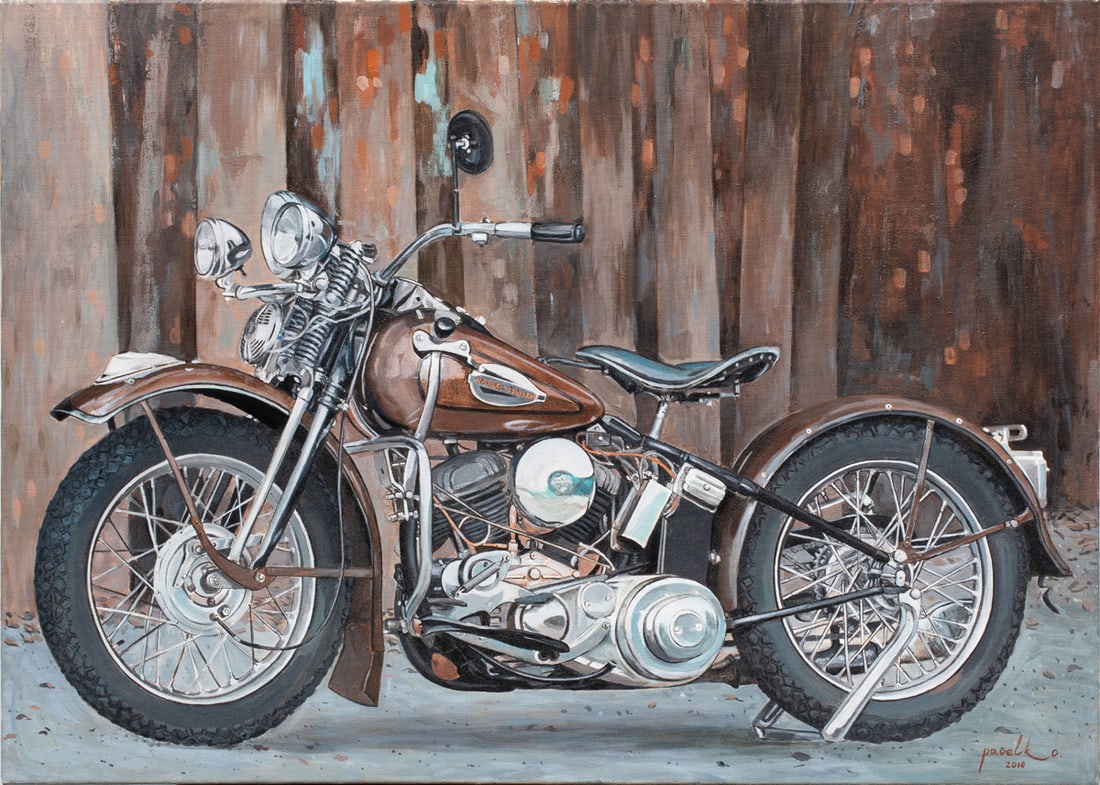 Painting, Katerina Pavelko: Katerina Pavelko (Ukrainian, 21st century), "Harley Davidson," 2018, oil on canvas, signed and dated lower right, signed, titled, and dated verso, canvas (unframed): 19.75"h x 27.5"w