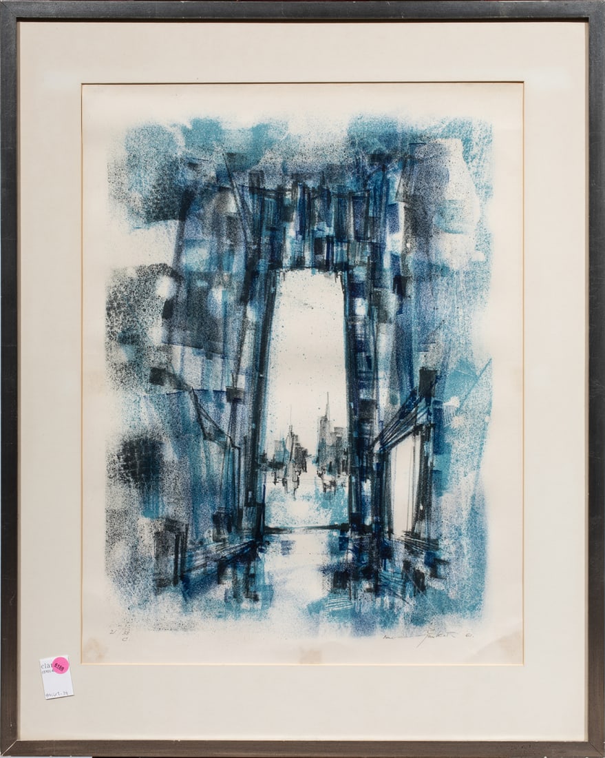 Print, Max Gunther: Max Gunther (American, 1934-1974), Cityscape, 1961, lithograph, pencil signed and dated lower right, edition 21/38, overall (with frame): 33"h x 26.75"w