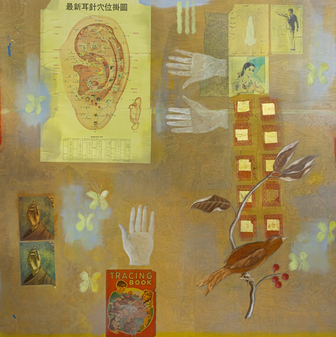 Mixed Media, Jody Guralnick: Jody Guralnick (American, 20th/21st century), "Restores to Health," 1999, oil and collage on wood, signed, titled, and dated verso, gallery label (David Floria Gallery, Aspen, CO) affixed verso, overa