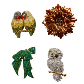 Four Joan River large costume jewelry brooches with original boxes