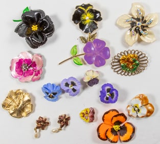 Fourteen costume jewelry brooches of pansies