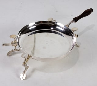 An Italian silverplate plate cross and sautee pan; pan 9.5"dia excluding handle; plate cross extends