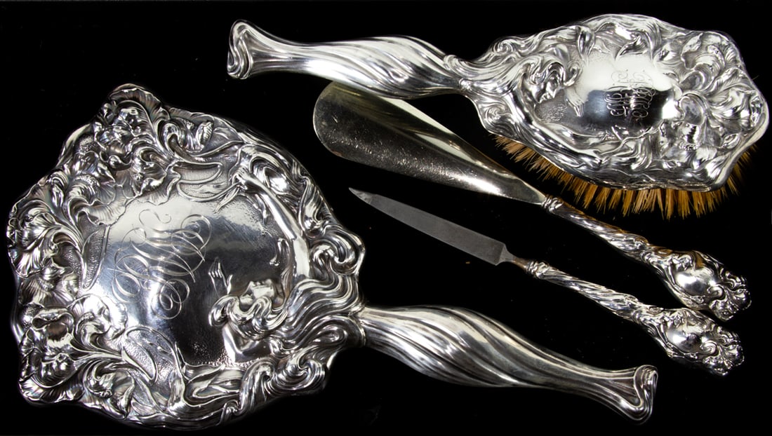 An Art Nouveau monogramed sterling four-piece dresser set (1 of 1)