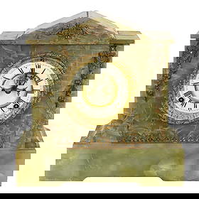 An Ansonia green onyx mantel clock: An Ansonia green onyx mantel clock, featuring Roman numeral dial with visible escapement, 12"h x 11.75"w x 4.75"d. Provenance: The Carole Harris Collection, River Ranch. The interiors guided by Parish