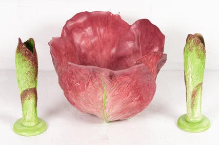 A Mary Kirk Kelly porcelain cabbage form serving bowl and pair of bud vases